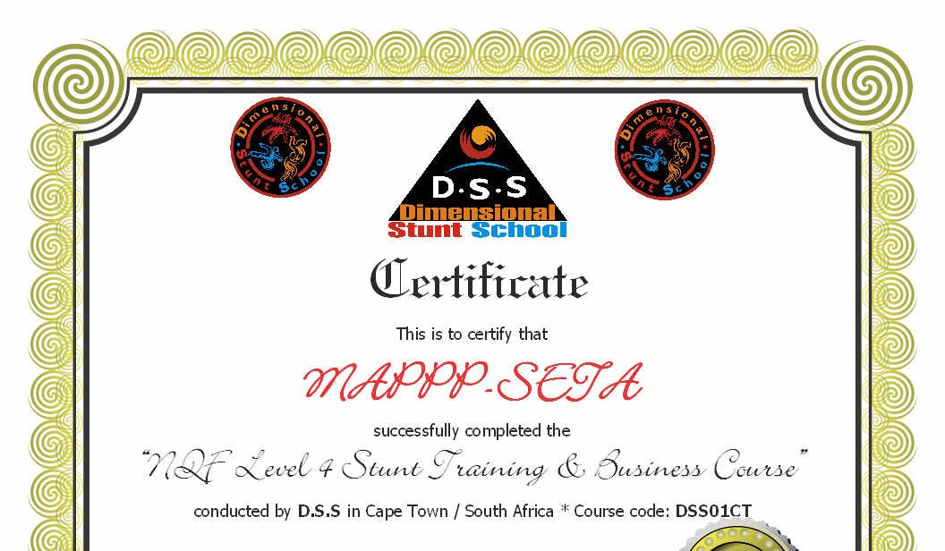 Dimensional Stunt School certificate for the NQF Level 4 Stunt Training and Business Course, MAPPP-SETA