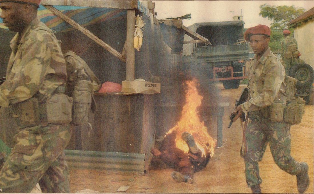 Sensei San Ndlovu in a full-body burn on the set of Third World