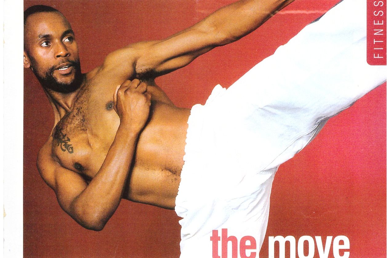 Sensei San Ndlovu in a high kick, with the headline the move