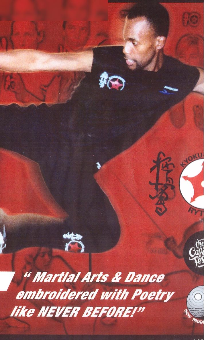 Detail of the RISK poster: Sensei San Ndlovu in a flying kick, with the line Martial Arts and Dance embroidered with Poetry like never before